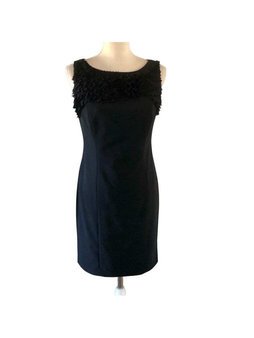 Ann Taylor Little Black Dress Sleeveless Wool Sheath Ribbon detail size 4Petite